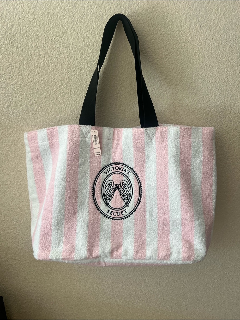 New Victoria’s Secret Pink & White Striped Beach Tote with Black Handles
